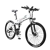 KAISDA Bicicletta Elettrica Pieghevole K1 Mountain Bike Elettrica da 26 Pollici, Batteria Rimovibile 48V10.4AH,Shimano 21 Velocità,Display LCD,Bianco